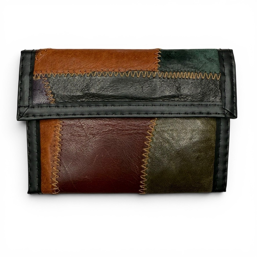 NWOT Vintage Leather Stitched Patchwork Wallet Rare Hook‎ And Loop Made In Korea
